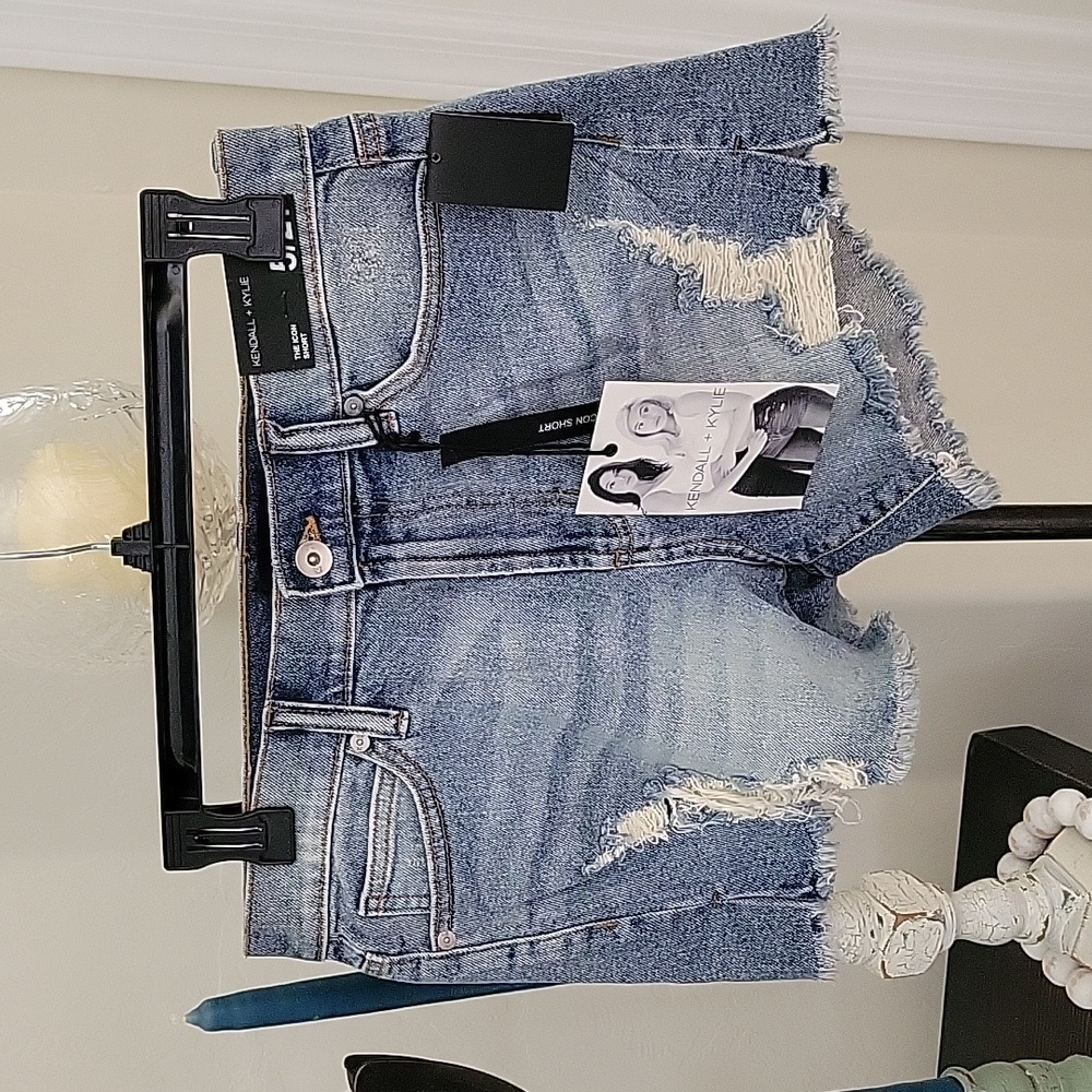 Kendall and Kylie Icon Short 5/27  Distressed Blue Denim Cut off Shorts